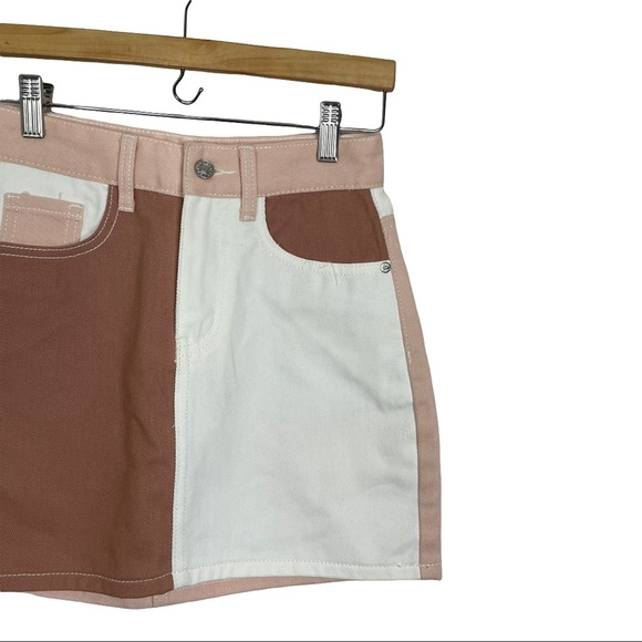 Nasty Gal Patch You Later Pink Rust Denim Mini Skirt Color Blocked Neutral NWT - Picture 3 of 9